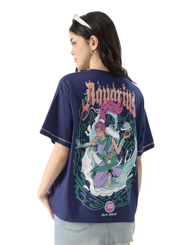 Image of The Souled Store Zodiac: Aquarius Women and Girls Short Sleeves Round Neck Blue Graphic Printed Cotton Oversized T-Shirts