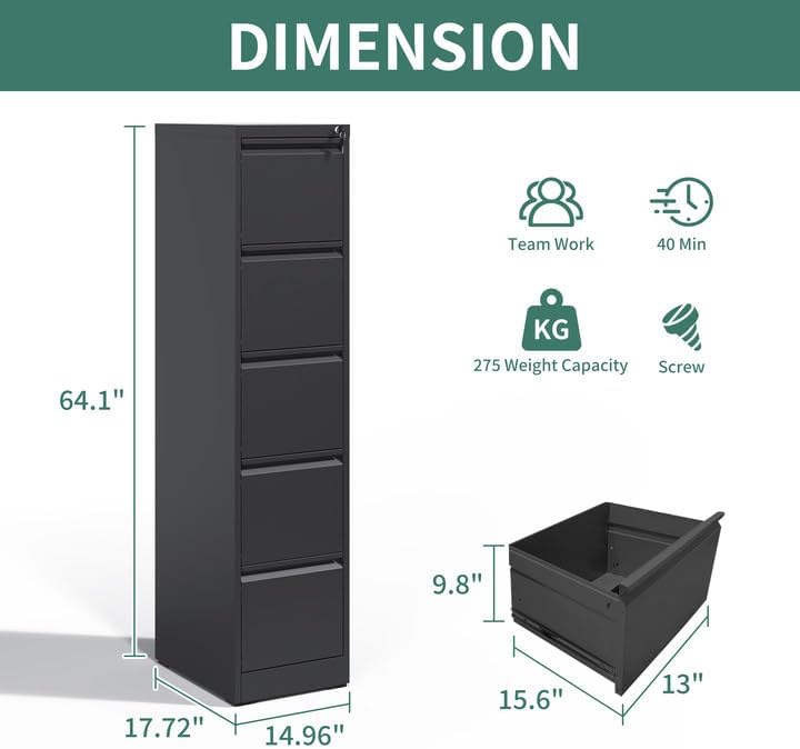 Miniatura 3 de BIZOEIRON Archivador de 5 cajones con cerradura, archivadores verticales de metal para oficina en casa, gabinete de almacenamiento de acero para