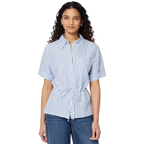 Amazon Essentials Damen Leinen-Bluse mit Verstellbarer Taille Blau-weiß Gleichmäßige Streifen L
