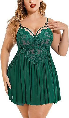 Image of Plus Size Lingerie Lace Babydoll Womens Strap Chemise Nightgown V Neck Nighty Mesh Sleepwear Side Slit Nightdress with G-Sting Panty