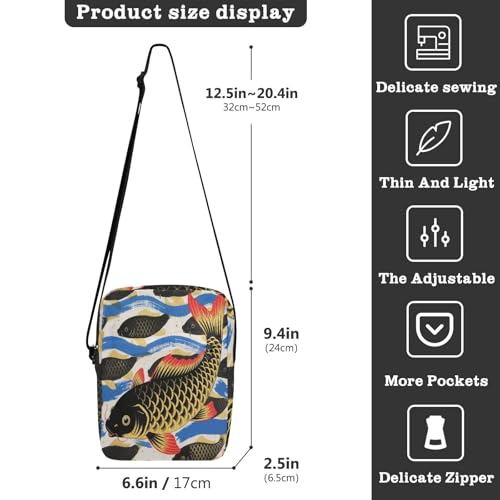 messenger bag cute Shoulder Bag For Woman Shoulder Handbags Adjustable Strap for Travel Travel- Golden Black Fish3