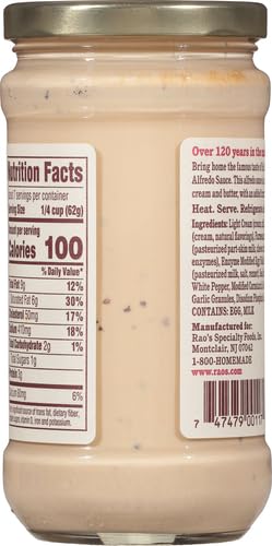 Image of Rao's Homemade Alfredo Sauce, Roasted Garlic Alfredo, 15 oz, Rich & Creamy Pasta Sauce, Carb Conscious, Keto Friendly, Premium Quality, Blend of Parmesan & Romano Cheese, Cream and Butter (Pack of 4)