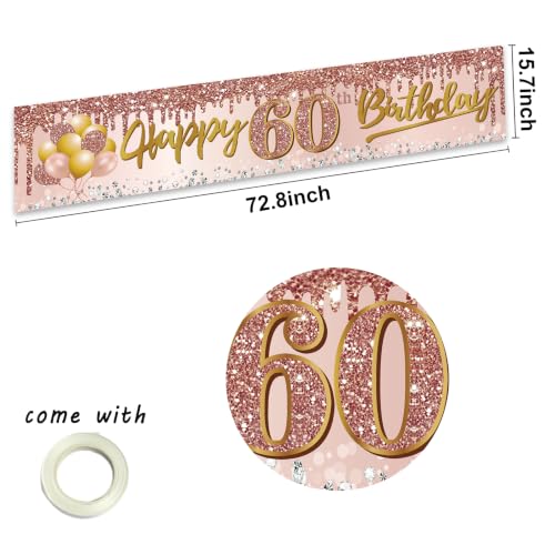 Image of Excelloon 60th Birthday Banner Decorations for Women | Pink Rose Gold Happy 60 Birthday Yard Banner Party Supplies, 60 Year Old Bday Background Sign for Outdoor Indoor