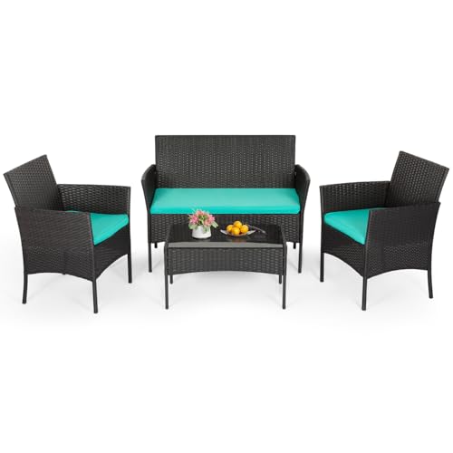 Image of FDW 4-Piece Patio Furniture Set | Blue | Outdoor Wicker Furniture