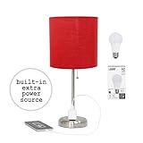 Simple Designs LT2024-RED-LB 19.5' Brushed Steel Stick Table Desk Lamp with Charging Outlet and Drum Fabric Shade for Living Room, Hallway, Nightstand, Office, Red Shade, with Feit LED Bulb Included