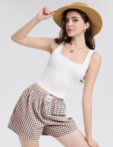 Image of LOMON Boxer Shorts for Women Summer Gingham Pajamas 2026 Lounge Sleep Pj Plaid Shorts Y2K Beach Bottoms with Pockets