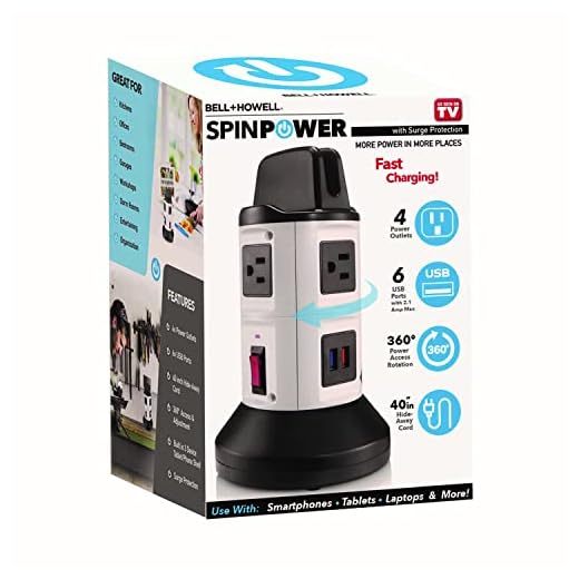 Spin Power by Bell+Howell Surge Protector Electric Charging Station 4 Outlets 6 USB Ports with 45" Retractable Cord Built-in Phone Holder As Seen On TV