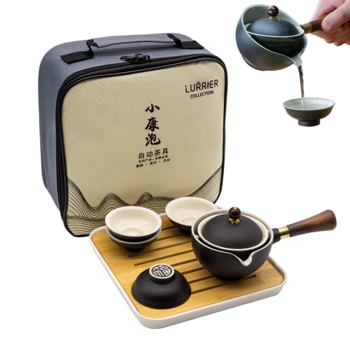 LURRIER Set da tè in porcellana cinese Gongfu, set di teiera portatile con rotazione a 360 gradi e infusore, sacchetto regalo portatile tutto in uno per viaggi, casa, regalo, all'aperto e ufficio