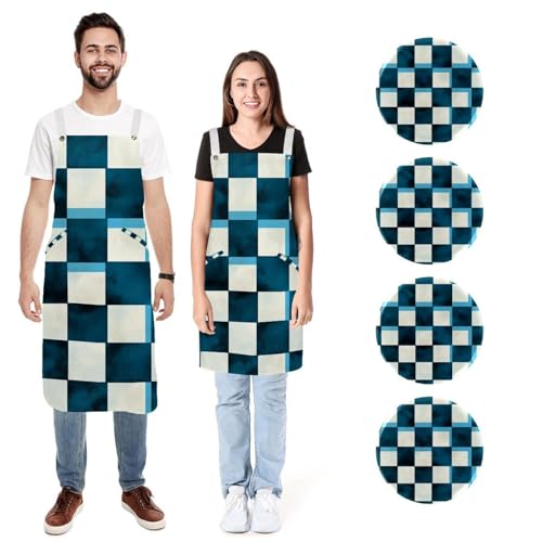 Tablier damier bleu pack de 2 idée cadeau utile pour couple et cuisine