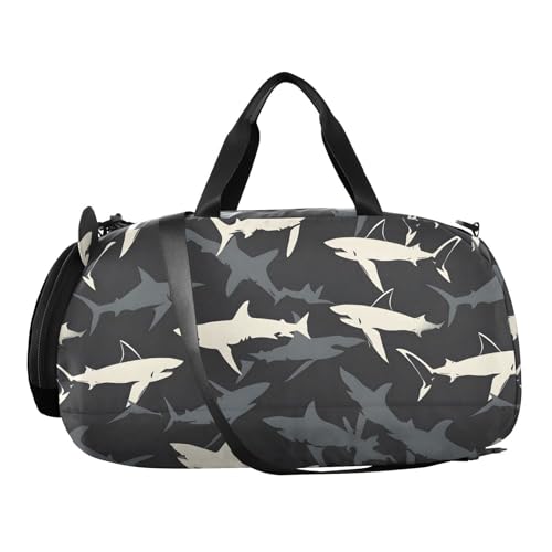 Duffle Bag for Boys or Girls with Shoes Compartment, Shark Black White Pattern Sports Travel Bag Overnight2