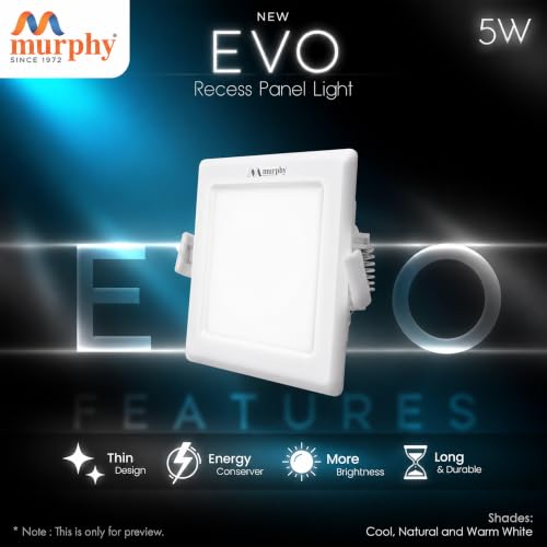 Image of Murphy EVO 5W Square LED Recess Panel Light | 85mm Outer Diameter, 70mm Cutout | 3000K Warm White | Shockproof PC Body | Energy Efficient | BIS Approved | 2-Year Warranty | Pack of 10