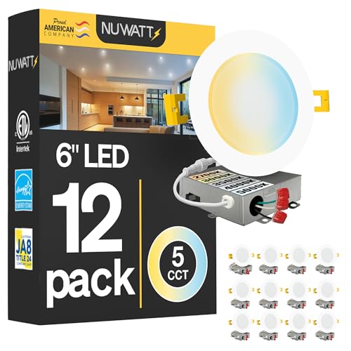 NUWATT 12 Pack 6 Inch Ultra-Thin LED Recessed Lighting CCT 2700K/3000K/3500K/4000K/5000K Selectable 1050LM 15W Dimmable IC Rated Wet Rated Canless Can Light for Ceiling with Junction Box White