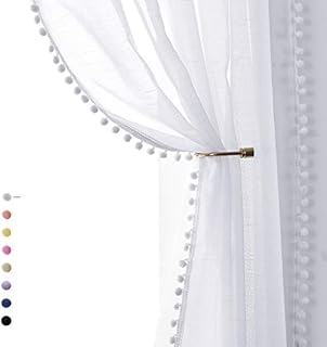 Pom Pom White Sheer Curtains for Girls Room Light Filtering Airy Kids Bedroom Window Curtain Set Pencil Pleat Tape Top Linen Texture Voile Curtains for Small Kitchen Windows 52" by 54" 2 Panels