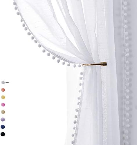 Snow White Sheer Curtains 95" Bedroom Decorative Pompom Trimmed Voile Window Curtain for Living Room Linen Look 2 Panels