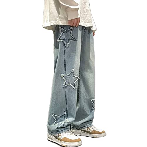 Men's Y2K Jeans Vintage Hip Hop Style Baggy Denim Star Pants Loose Fit Straight Trousers