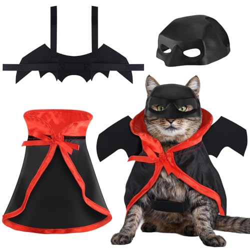 3 PCS Halloween Cat Costume Bat Mask Bat Wings Cloak Pet Costumes...