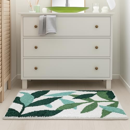 Roseate Leaves Super Soft Anti Skid (40x60 cm) Microfiber 2000 GSM Bath Mat Super Absorbent Anti-Skid Door Mats for Home/Bathroom/Bedroom/Kitchen/Floor Mat (White & Green) Pack of 1