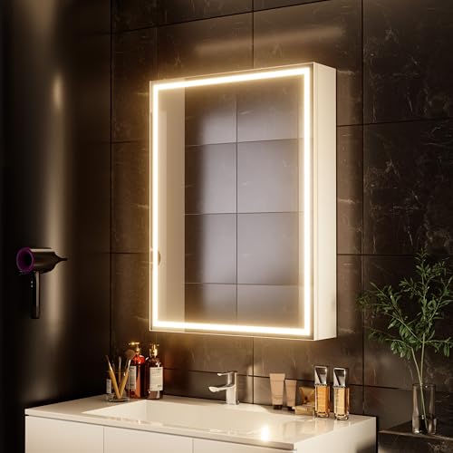 Réflexon 28x20 inch LED Lighted Medicine Cabinet with Mirror, Moisture-Resistant Wood, Stepless Dimmable, 3000K/5500K, Defogger, Adjustable Shelf, Flat-Pack Design – Assembly Required (White)