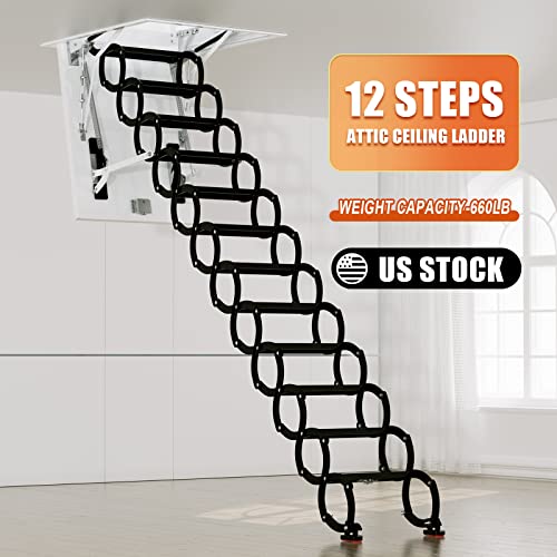 Frezon H025-A005-KIT~WH011AMZUS 12 Steps Black Loft Wall Ladder Stairs And Pull Rod,Loft Wall Folding Pulldown Attic Ceiling Ladder Stairs 39.4 * 27.6 Inch thumb #3