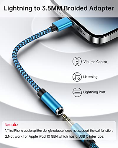 Image of iPhone Headphone Adapter, 2Pack Apple Dongle Lightning to 3.5mm Jack Converter Braided Audio Aux Cord Earbuds Splitter Adaptor Compatible with iPhone 14 13 12 11 Pro Max X XR XS SE 8 7 Plus iPad iPod