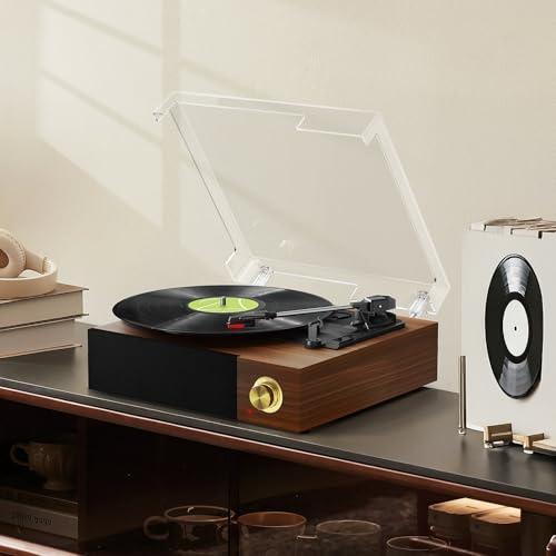 Fydee Record Player, Vinyl Player With Speakers, Bluetooth Support, 33/45/78 Rpm Speed Switching And Rca Line Output, Red Walnut - 7