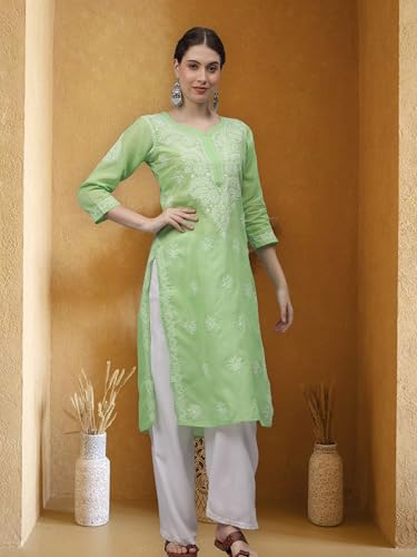 Image of Seva Chikan Hand Embroidered Lucknowi Chikankari Appricoat Peach Terivoil Cotton Kurta for Women SCL4603