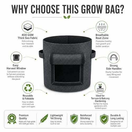 Image of Casa De Amor 15x12 Inch Potato Grow Bags for Root Vegetables, Geo Fabric 400 GSM Plant Bag (Dark Grey Color, Pack of 1)