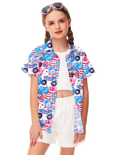 Image of Remimi Unisex Kids 4th of July Button Up Shirt Boys American Flag Print Hawaiian Beach Short Sleeve Tops 5-14 Years