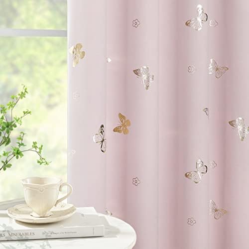 Jubilantex Pink Butterfly Blackout Curtains 2 Panels 84 Inch Long for Baby Girls Nursery Bedroom, Kids Gold Metallic Floral Print 80% Room Darkening Drapes Grommet Window Treatment for Living Room