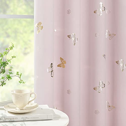 Jubilantex Pink Butterfly Blackout Curtains 2 Panels 84 Inch Long For Baby Girls Nursery Bedroom, Kids Gold Metallic Floral Print 80% Room Darkening Drapes Grommet Window Treatment For Living Room #TOP21