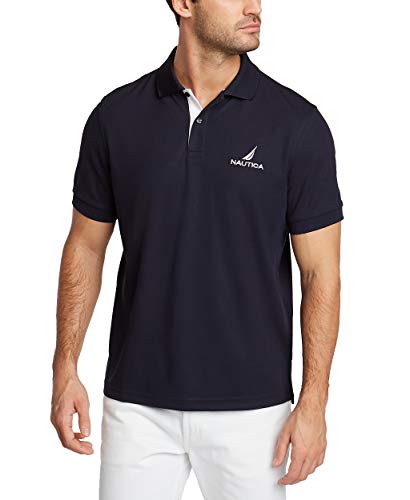 Nautica Men's Short Sleeve Stain Resistant Stripe Collar Polo Shirt, Navy, Large