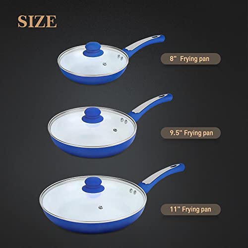 Fgy 6 Pieces Nonstick Frying Pan Set With Induction Bottom - 8 Inch Omelet Pan, 9.5 Inch & 11 Fry Pans With Glass Lids - Dishwasher Safe (Blue) #TOP6