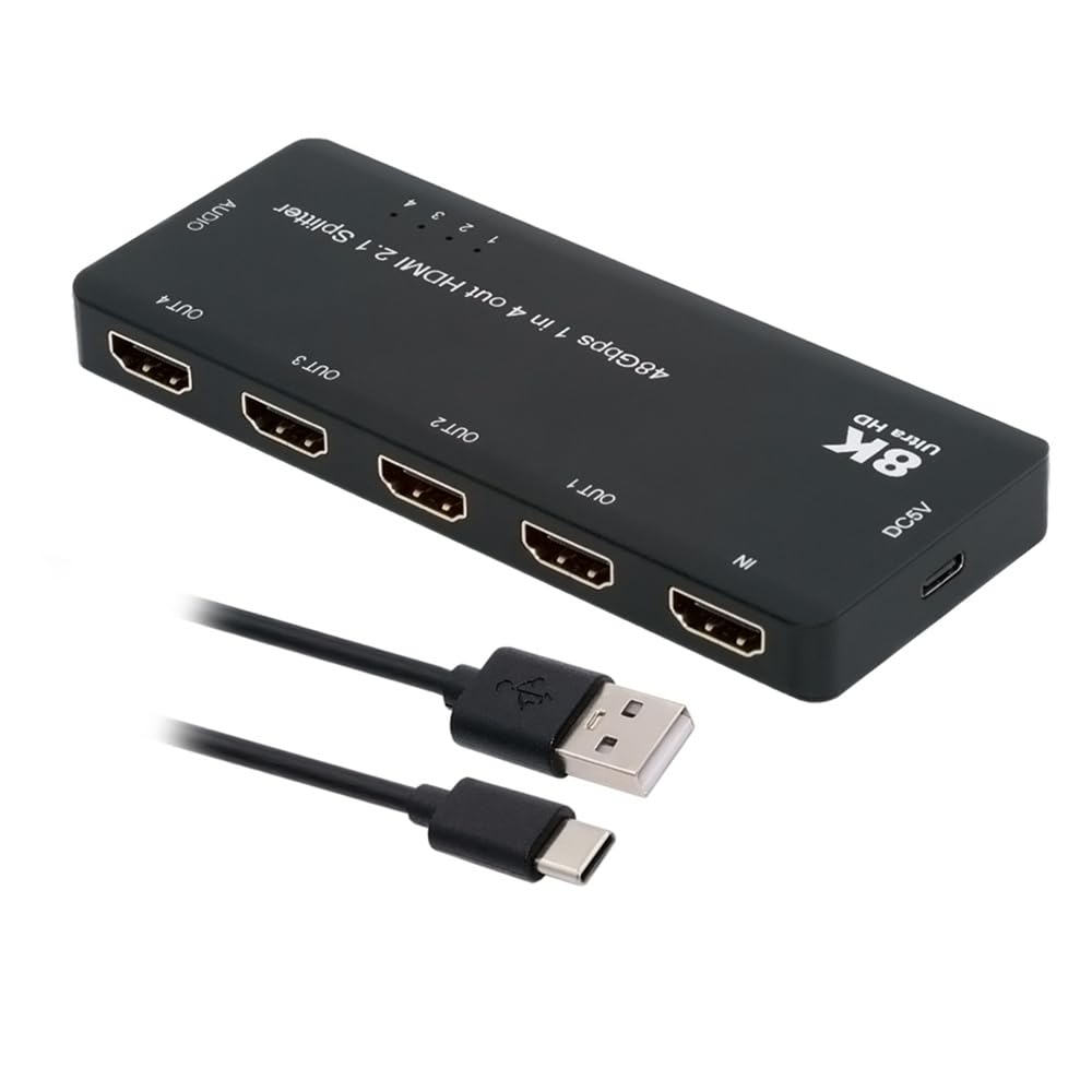 xiwai Divisor HDMI 1 Entrada 4 Salidas 8K 60 Hz Ultra HD Convertidor Compatible con conmutador 2.1 1 Entrada 4 Salidas 48 Gbps UHD Hub Soporte Mirror HDCP SST Extended 4K a 120 Hz Audio de 3,5 mm