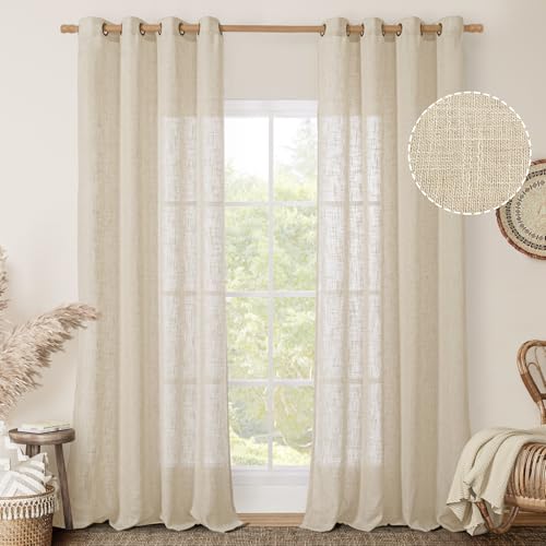 Image of LAMIT Sheer Linen Curtains 84 Inches Long for Living Room, Light Filtering Boho Window Treatments Semi Sheer Neutral Drapes with Bronze Grommet for Bedroom, 52 X 84 Inch, 2 Panels Set, Linen