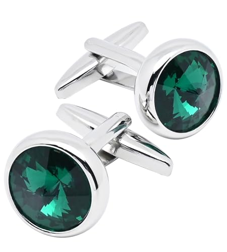 Mancuernillas de metal plateado con piedra verde miniatura 1