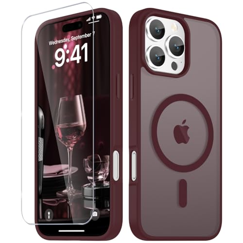 Image of YENAPOON for iPhone 16 Pro Max Case, Matte Magnetic Phone Cover [with 1 Screen Protector] [Support for MagSafe] [Shockproof Military Grade Protection] Translucent Frosted Back, Wine Red