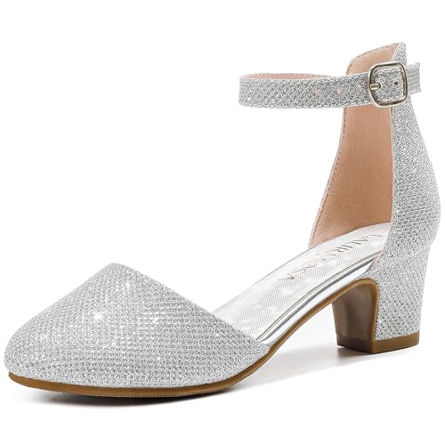 Image of LAURMOSA Girls Dress Shoes Closed Toe Pumps High Heels for Little Big Kid | Flower Shoes for Girls, 1.75-inch Chunky Heel, Ankle Strap, Closed Toe, Wedding, Party, Church, Graduation, First Communion