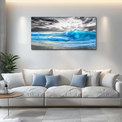 PHAOHUAXM Beach Wall Pictures Canvas Artworks Large Wall Decor For Living Room Canvas Wall Art For Bedroom Office Decorations Blue Sea Wave Ocean Paintings Modern Inspiration Home Decor 20x40 In