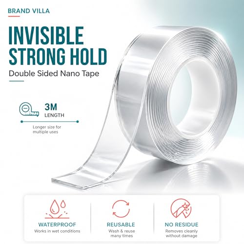 Image of BRAND VILLA Nano Tape Double Sided Adhesive, 1mm Thick 3cm Wide 3 Meter Long, Heavy Duty Reusable Washable Gel Grip Tape, Strong Transparent Traceless Mounting Tape for Wall, Kitchen, Home & Office