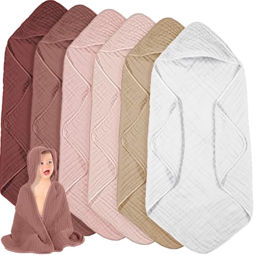 Image of Peryiter 6 Pcs Muslin Hooded Baby Towels, 32 inchx 32 inch Cotton Newborn Bath Towel Muslin Infant Baby Blankets Absorbent Unisex Newborn Registry Gift Essentials for Girls Boys (Pink,Blush,Red)