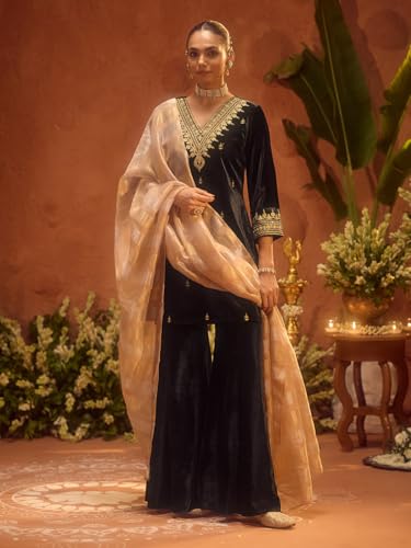 Image of FIORRA Women Black Ice Velvet Embroidered Kurta Set with Dupatta