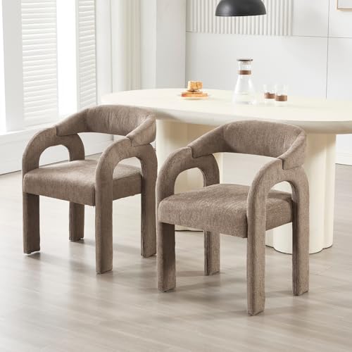 DAYALANE Lot de 2 Chaises de Cuisine en Chenille Chaise de Salle à Manger avec Dossier Incurvé Fauteuil Dîner Moderne, Brun