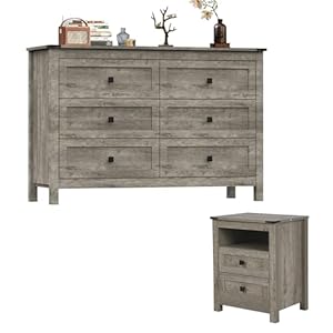 Farmhouse bedroom furniture set rustic wood double dresser chest of drawers 6 drawer chest of drawers wide storage organizer cabinet for bedroom living room 1pc dresser1pc nightstand  urban country home decor