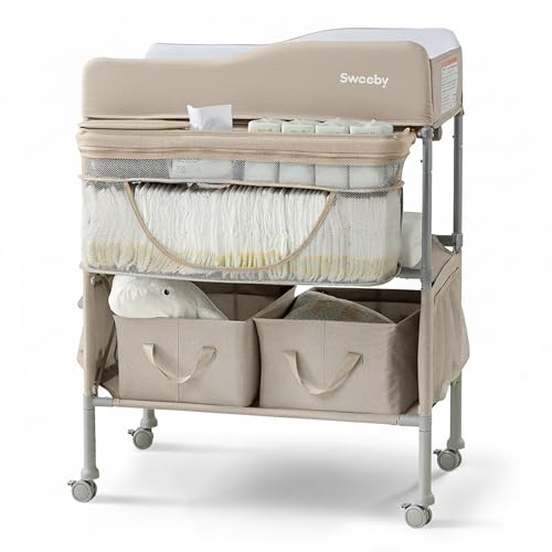 Image of Sweeby Portable Baby Changing Table, Foldable Diaper Changing Station with Waterproof Pad, Mobile Nursery Organizer for Infant & Newborn Essentials, Oat
