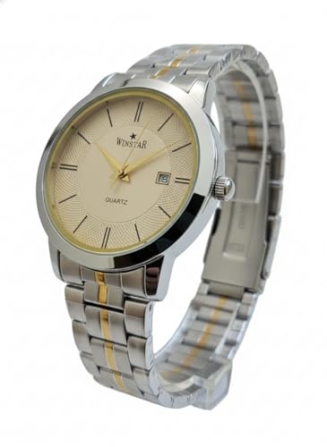 Couples Watch Set - His and Hers Matching Analog Wristwatches with Silver Stainless Steel Band Quartz Movement and Date Window (Silver metal strap & Gold dial Couples)