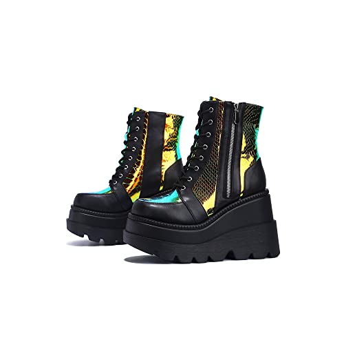 HINDOLA Holographic Platform Fashion Multicolor Wedge Ankle Booties Women Round Toe Lace up Zip High Heel Combat Boots