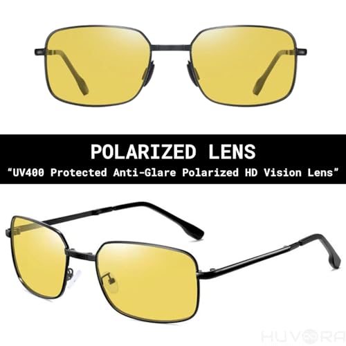 Image of HUVORA Foldable UV Protected Polarized Rectangular Sunglasses for Men Women Stylish Metal Frame Shades Sun Glasses Lightweight Photochromic Square Night Driving Goggles