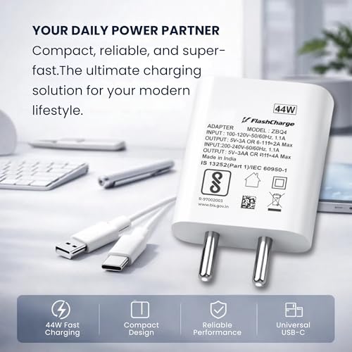 Image of 44W Type C Flash Charger Adapter Compatible with Vivo V40e /V40 /V40 Pro /V40e /Y300 5G /Y28e /Y28s /T3 Lite /Y58 /Y200 Pro /V30e /Y18i /Y18 /Y18e /V30 /V30 Pro /V29