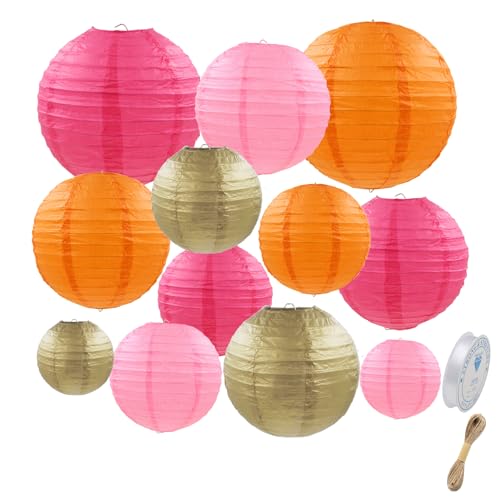 12 farolillos de papel de color verde salmuera, redondos, farolillos de papel colgantes - verde, dorado, rosa, para decoración de bodas, fiestas de cumpleaños, fiestas de jardín (rosa, naranja y