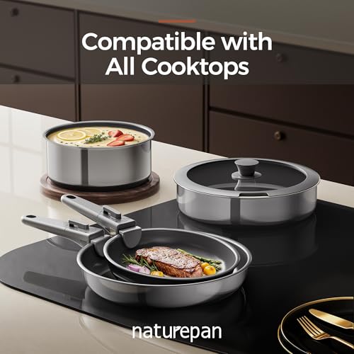 Image of 16PCS Pots and Pans Set Non Stick, Diamond-Titanium Ceramic Cookware Set & 3 Layer Stainless Steel with Detachable Handle, Induction Cookware, Non Toxic Oven /Dishwasher Safe, Gray